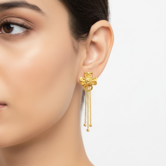 Model Flaunting Gold Filigree Drop Earrings