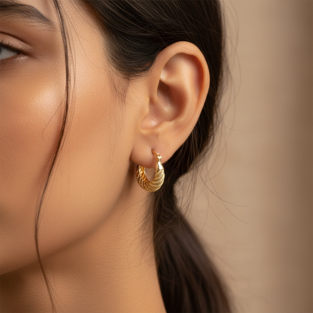 Model Flaunting Twisted Rope Gold Hoop Earrings