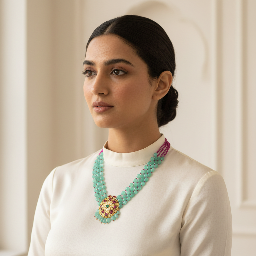 Model portrait with turquoise temple necklace