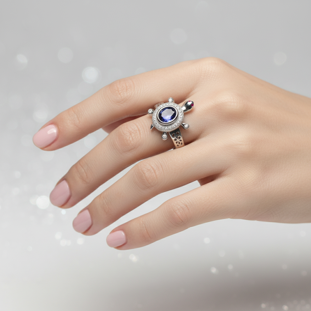 Model wear blue sapphire turtle ring