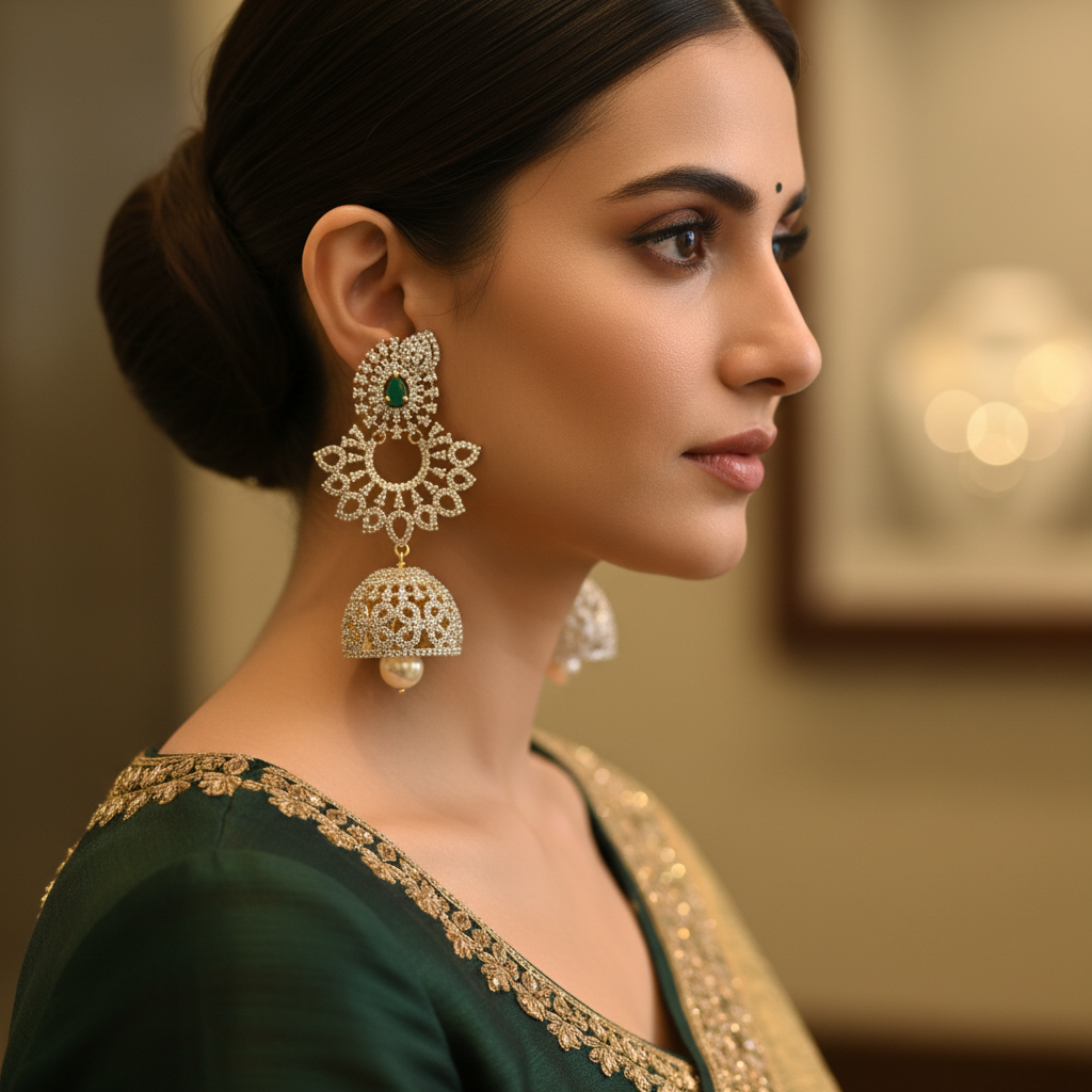 Model Wear - CZ Chandbali Green Jhumka