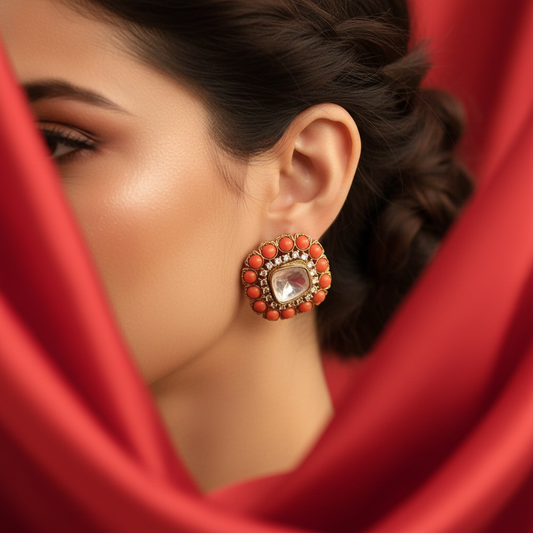 Model Wear – Kundan Coral Stud Earrings