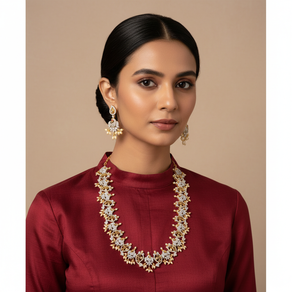 Model Wear Necklace Only - American Diamond Floral Vine Necklace