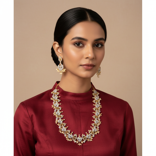 Model Wear Necklace Only - American Diamond Floral Vine Necklace