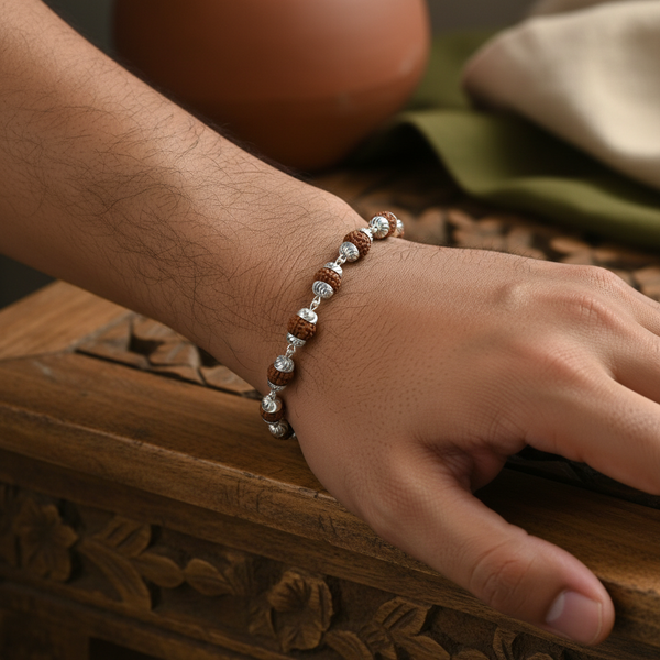 Model Wear - Rudraksha Diamond-Cut Silver Bracelet