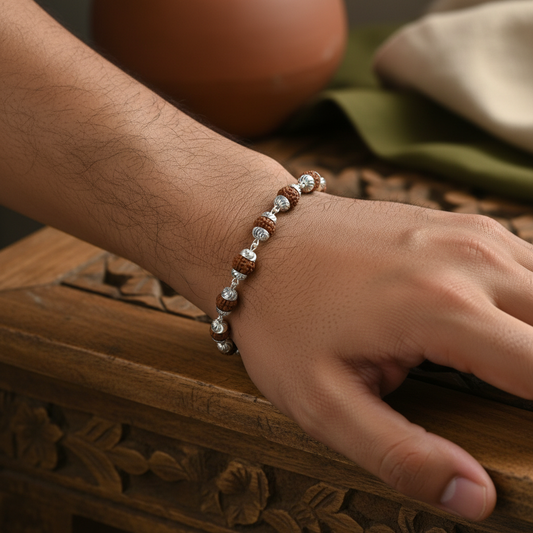 Model Wear - Rudraksha Diamond-Cut Silver Bracelet