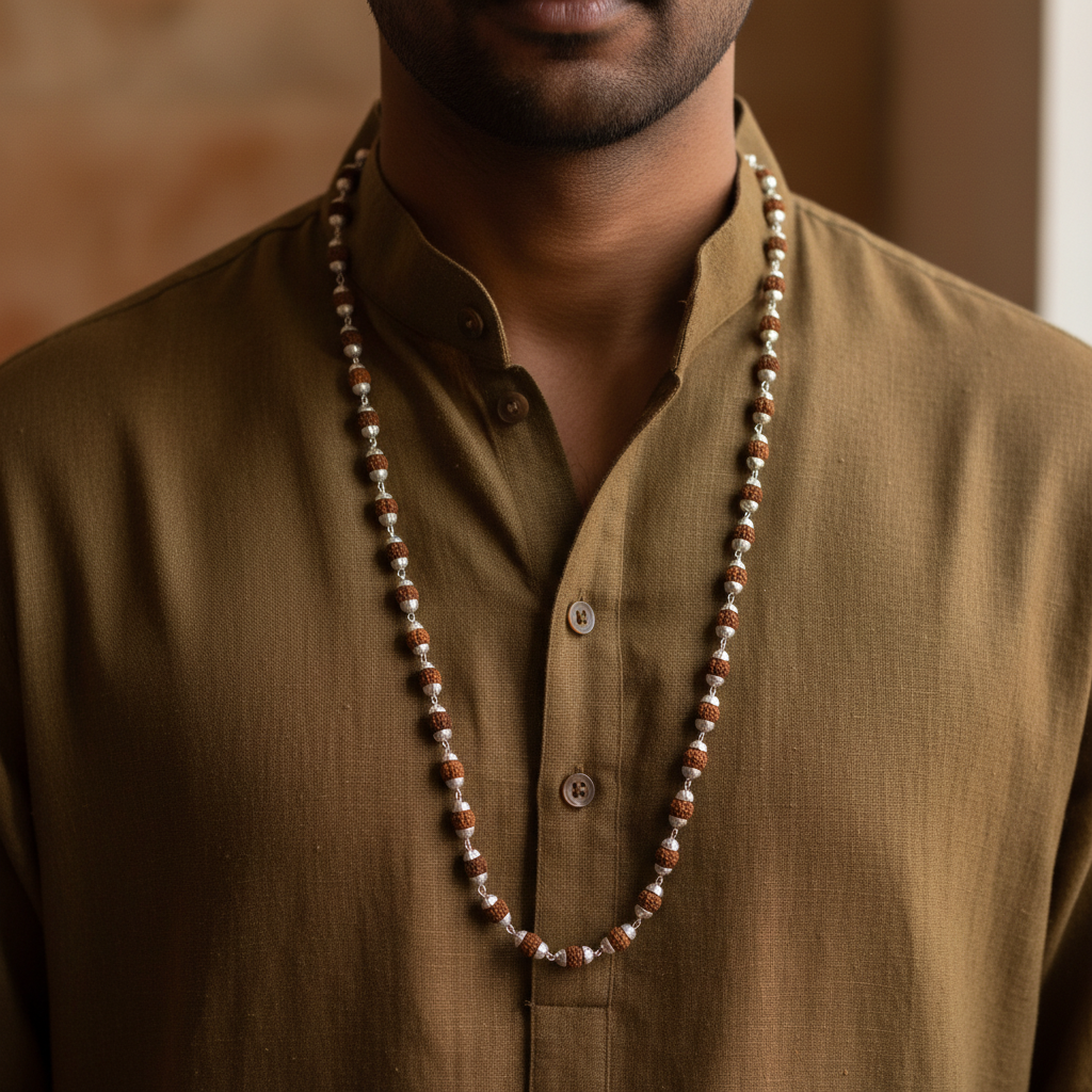 Model Wear - Rudraksha Silver Mala Necklace
