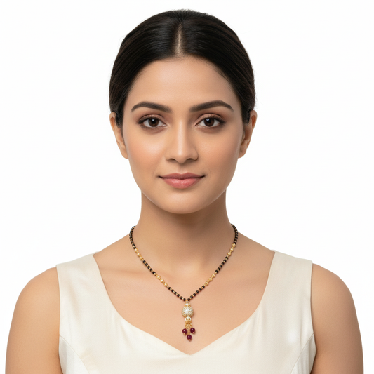 Model Wearing 24K Gold Plated Black Bead Necklace at Mid-Length