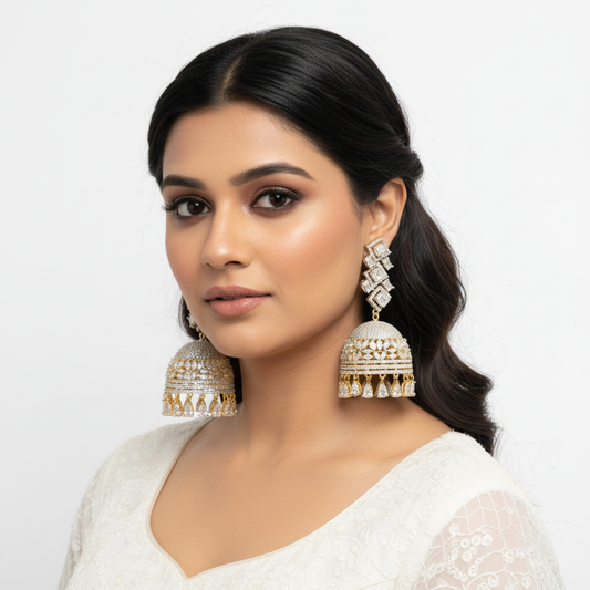Model Wearing - American Diamond Jhumka