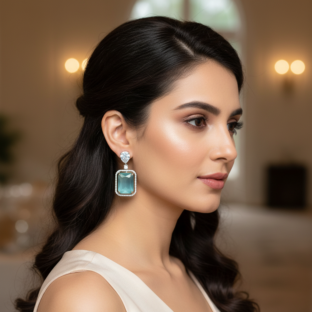 Model wearing aqua blue CZ dangle earrings