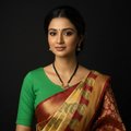 Model wearing black bead mangalsutra with peacock pendant