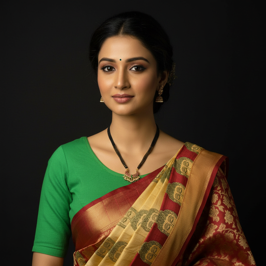 Model wearing black bead mangalsutra with peacock pendant