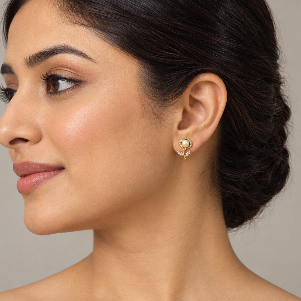 Model wearing clear pearl flower earrings