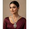 Model Wearing CZ Diamond Long V-Necklace with Emerald Pendant