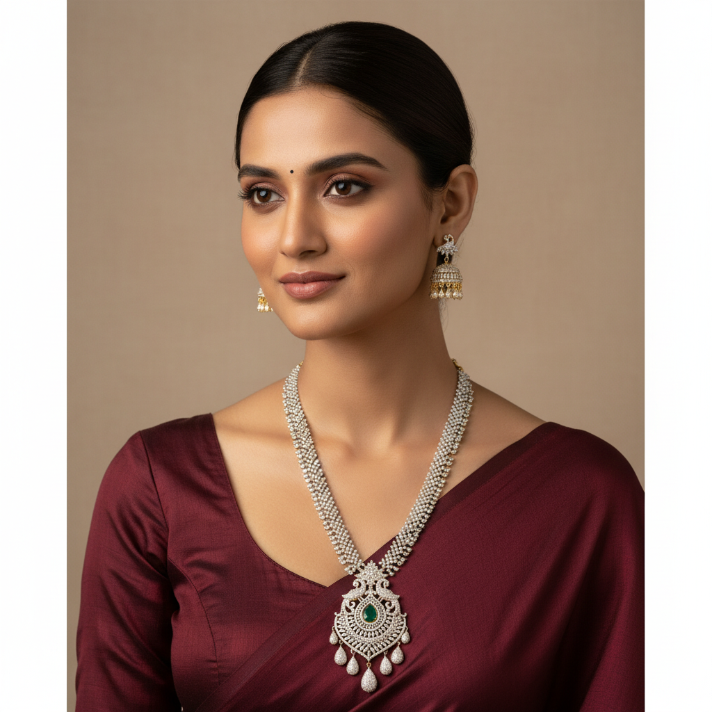 Model Wearing CZ Diamond Long V-Necklace with Emerald Pendant