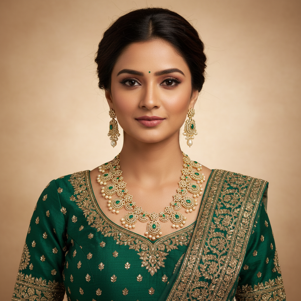 Model Wearing CZ Emerald Long Haram Necklace with Pearl Drops