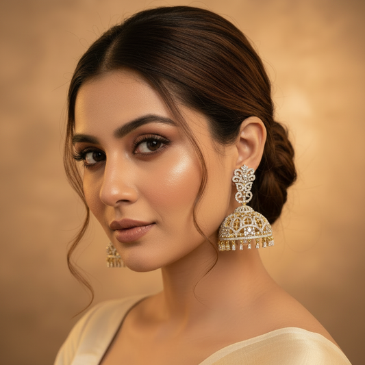 Model wearing CZ Jhumka Earrings - Square