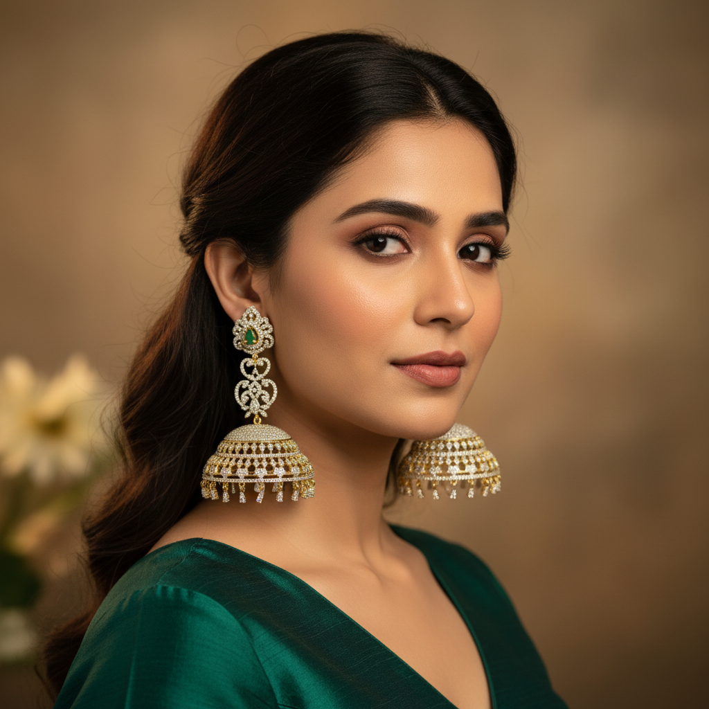 Model wearing CZ Jhumka - Emerald Green
