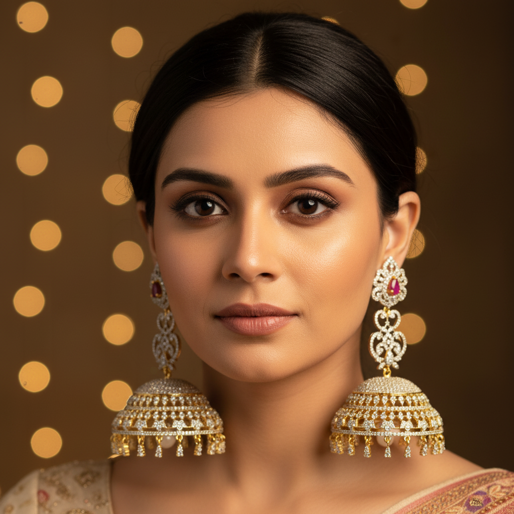 Model wearing CZ Jhumka - Ruby Red