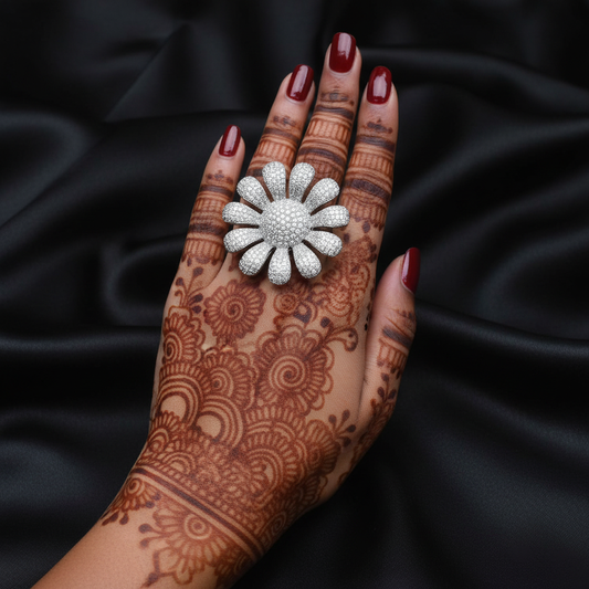 Model wearing daisy CZ sunflower cocktail ring