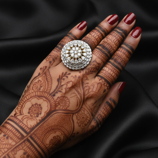 Model wearing dome CZ starburst cocktail ring