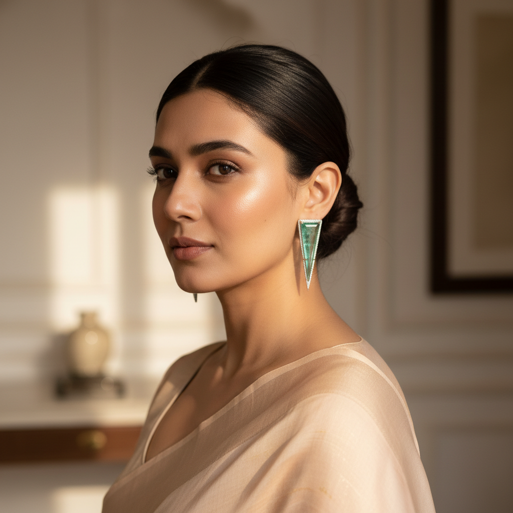 Model wearing earrings from pastel green zircon necklace set