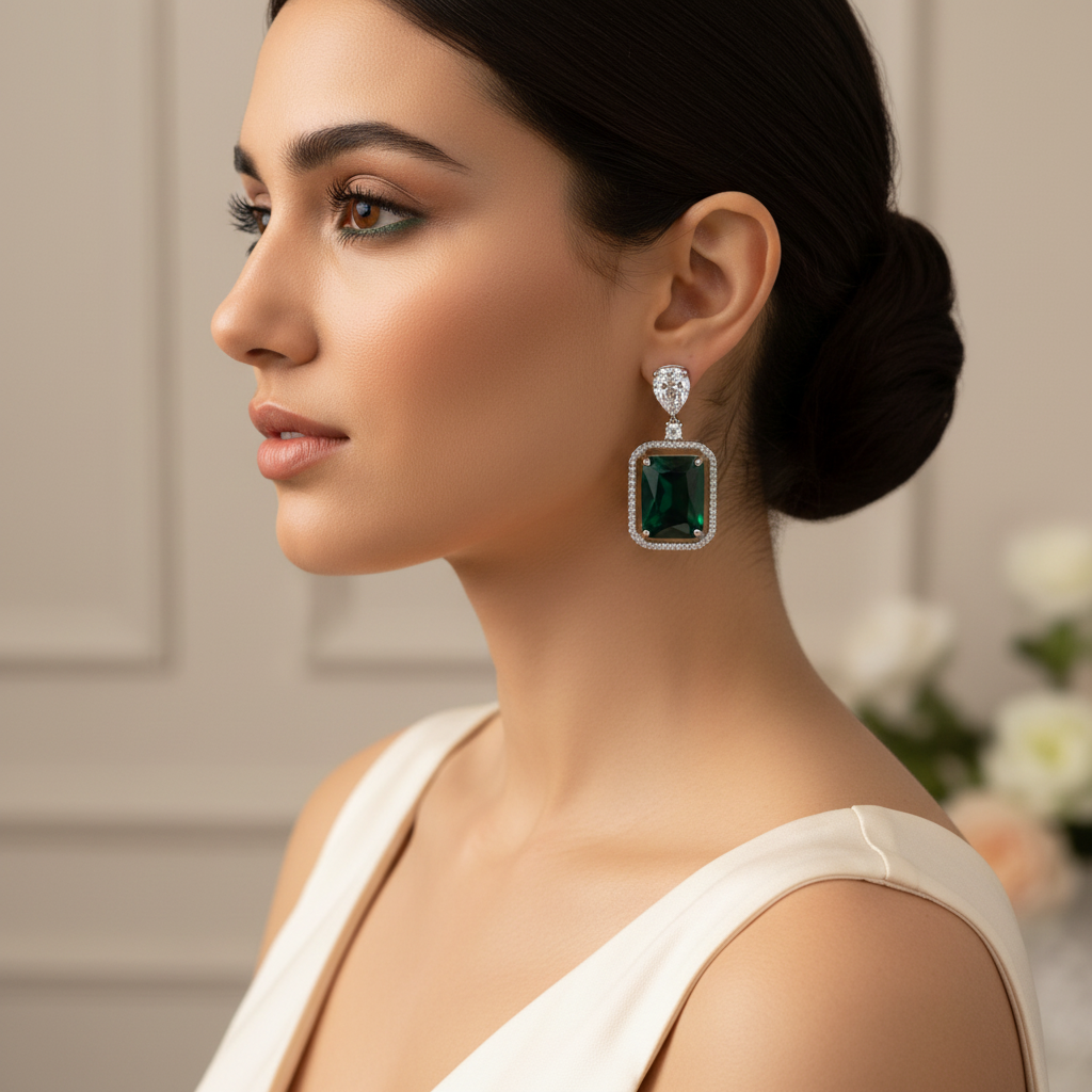 Model wearing emerald green CZ dangle earrings