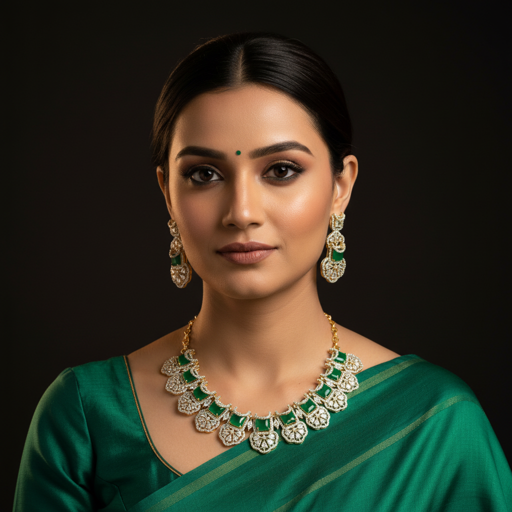 Model Wearing Emerald Green CZ Necklace Set