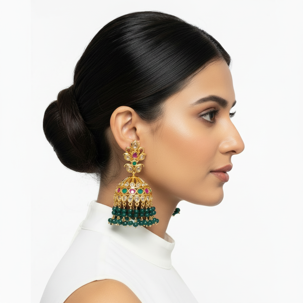 Model wearing Emerald Polki Jhumka - White Background
