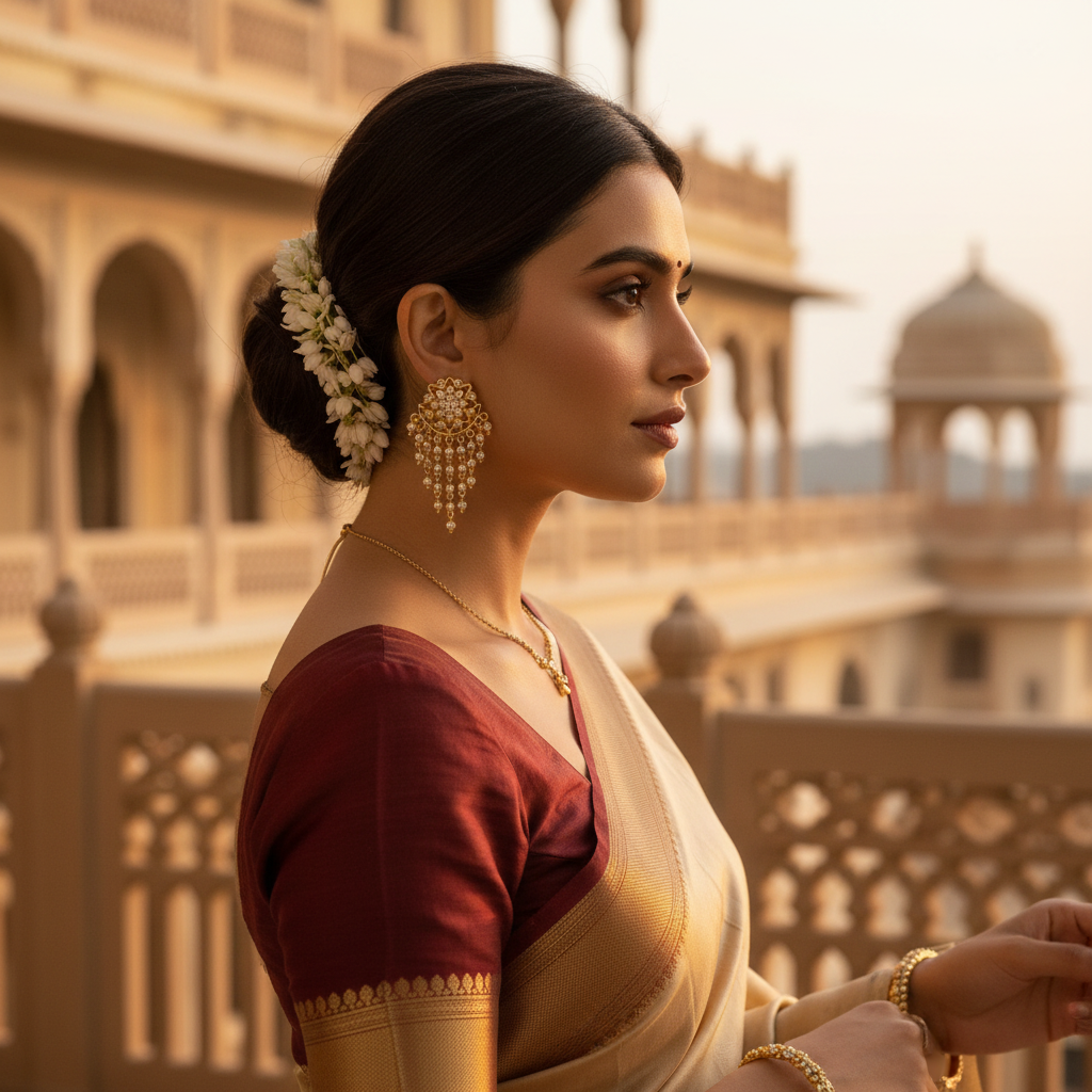 Model wearing gold chandelier earrings
