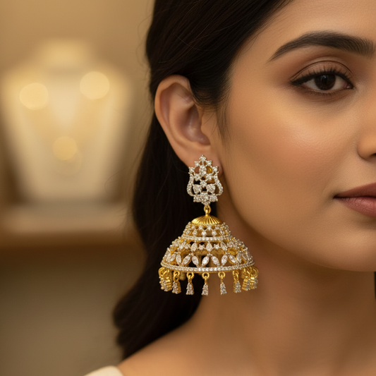 Model wearing Gold CZ Jhumka Earrings