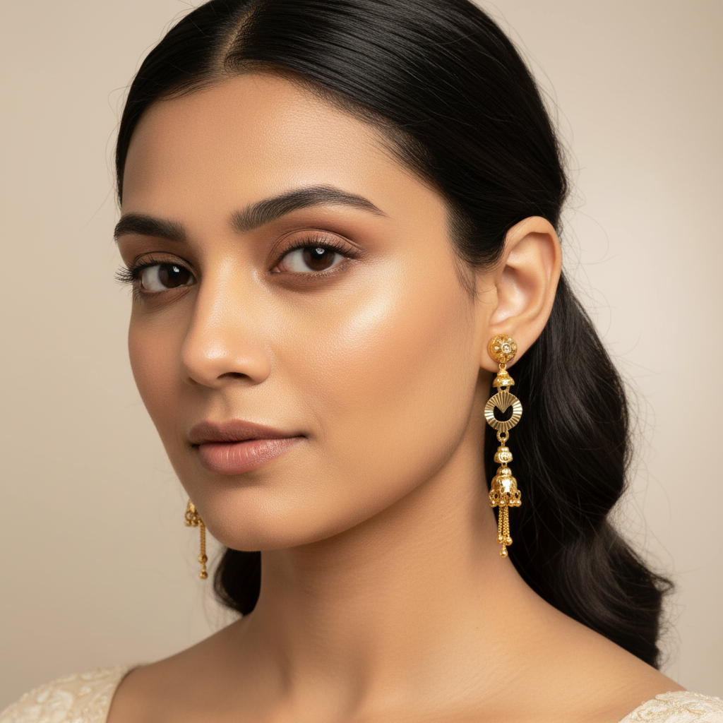 Model wearing gold drop earrings
