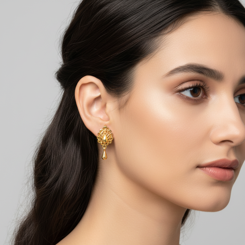 Model Wearing Gold Earrings