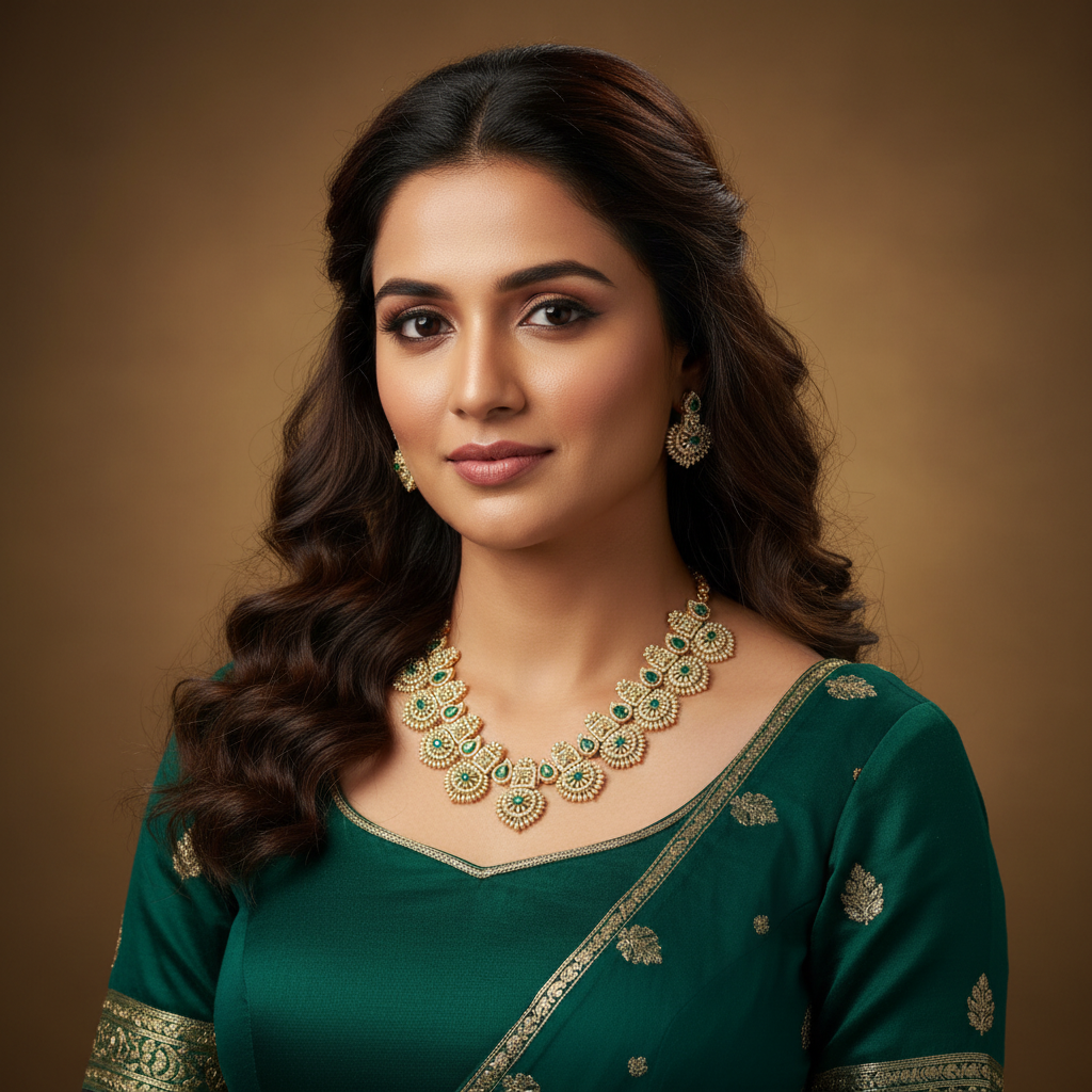 Model Wearing Gold Emerald Long Haram Necklace Set