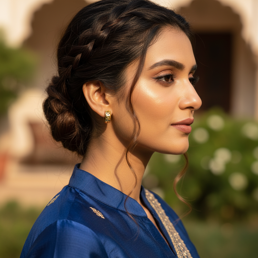 Model Wearing Gold Floral Hoop Earrings