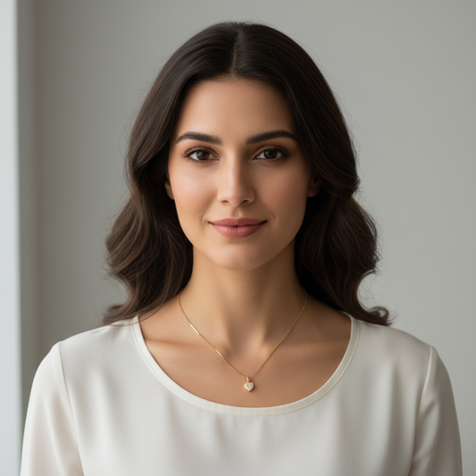 Model wearing gold heart pendant necklace