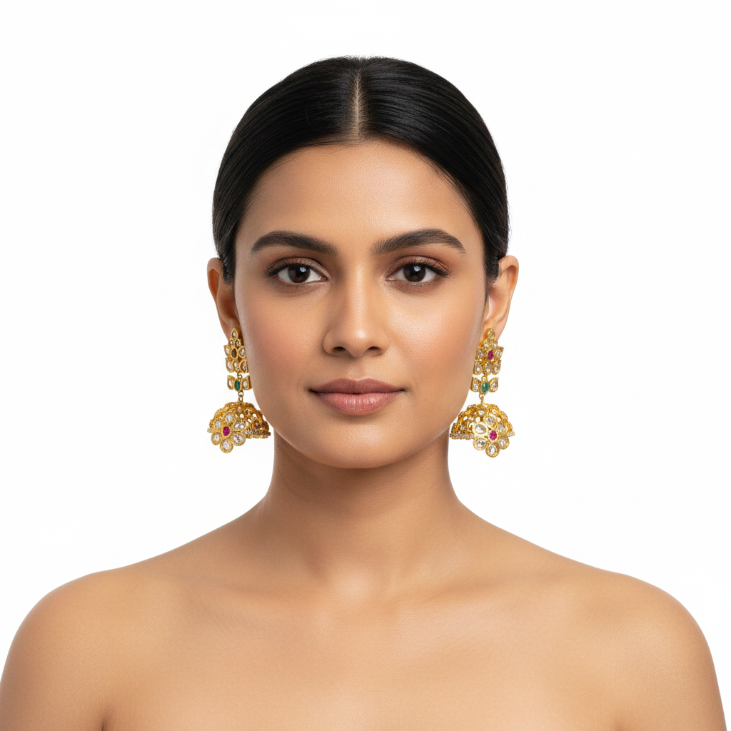 Model wearing Gold Polki Jhumka Earrings