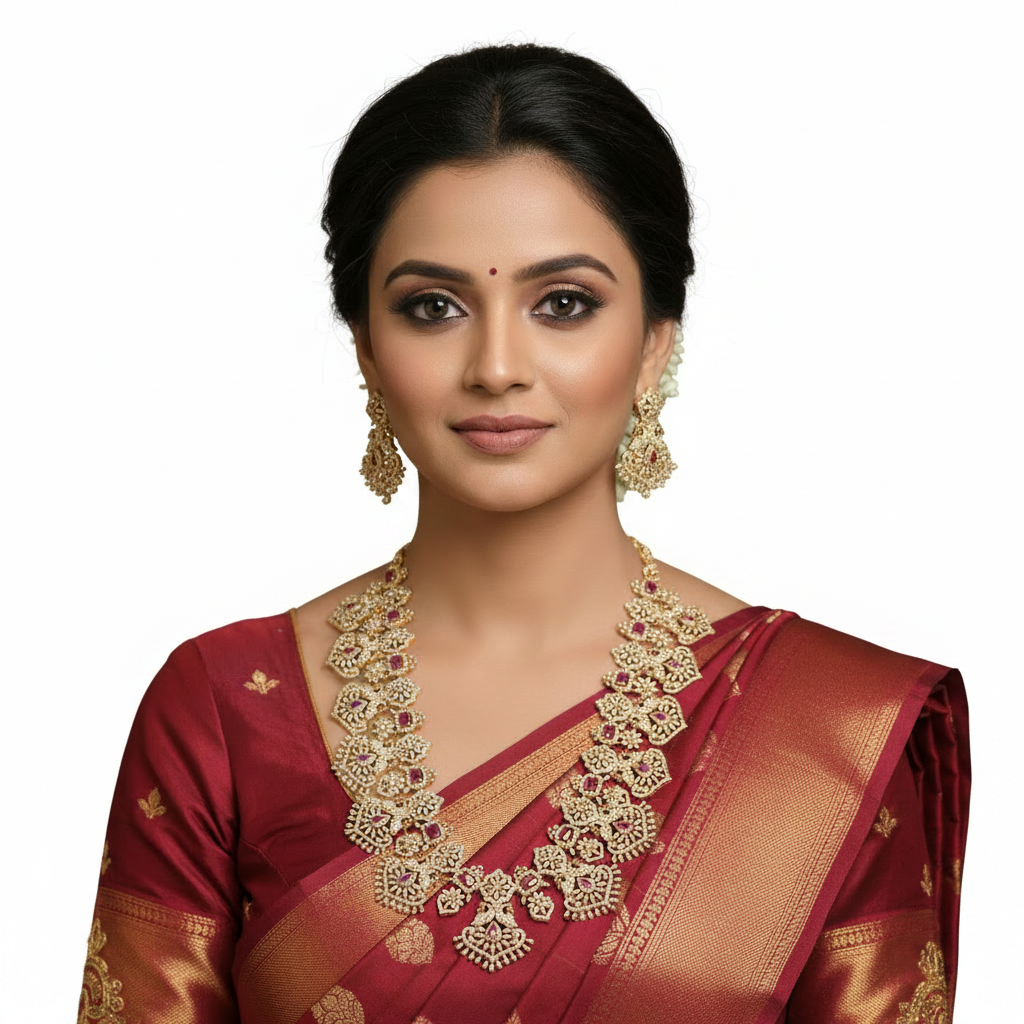 Model Wearing Gold Ruby Haram Necklace Set White Background