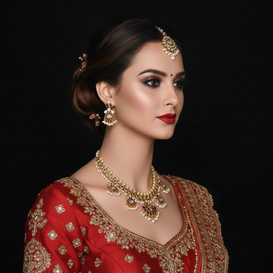Model wearing gold ruby kundan necklace set