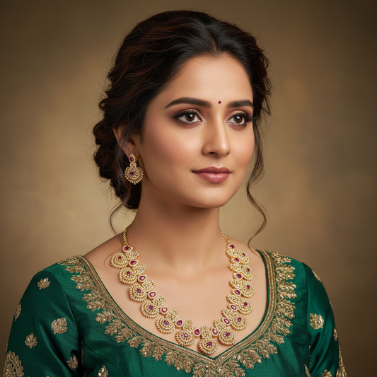 Model Wearing Gold Ruby Long Haram Necklace Set