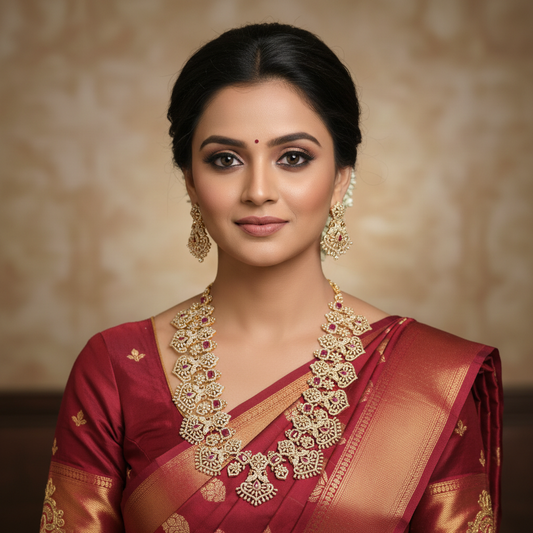 Model Wearing Gold Ruby Long Haram Necklace Set