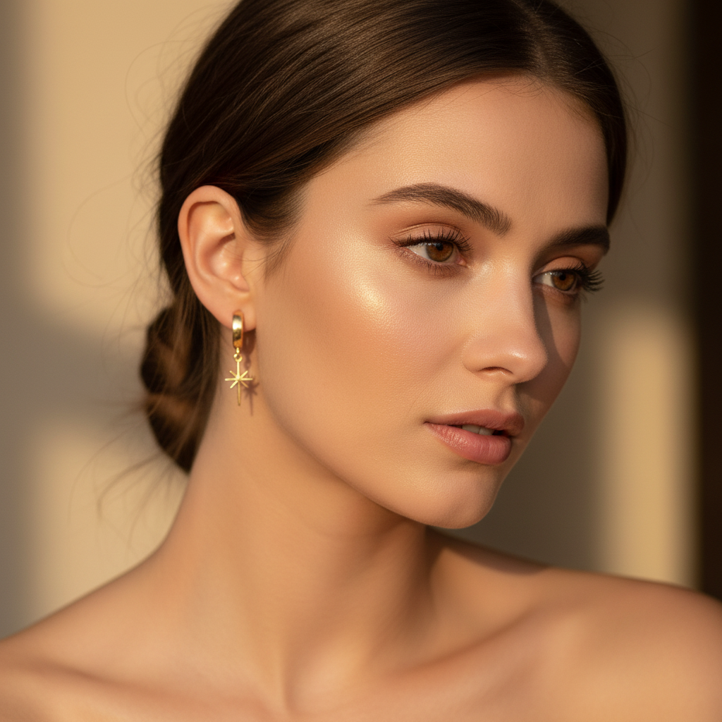 Model wearing gold star hoop earrings