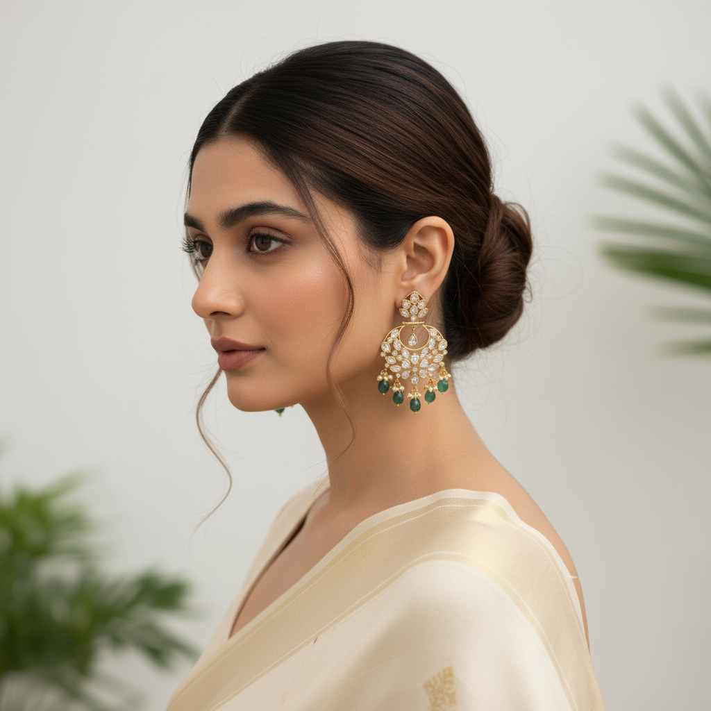 Model wearing green beaded chandbali earrings