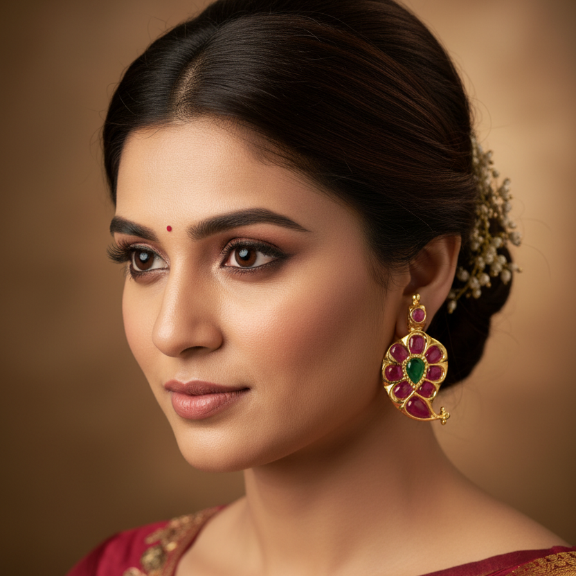 Model wearing Jadau Kundan Peacock Fan Stud Earrings
