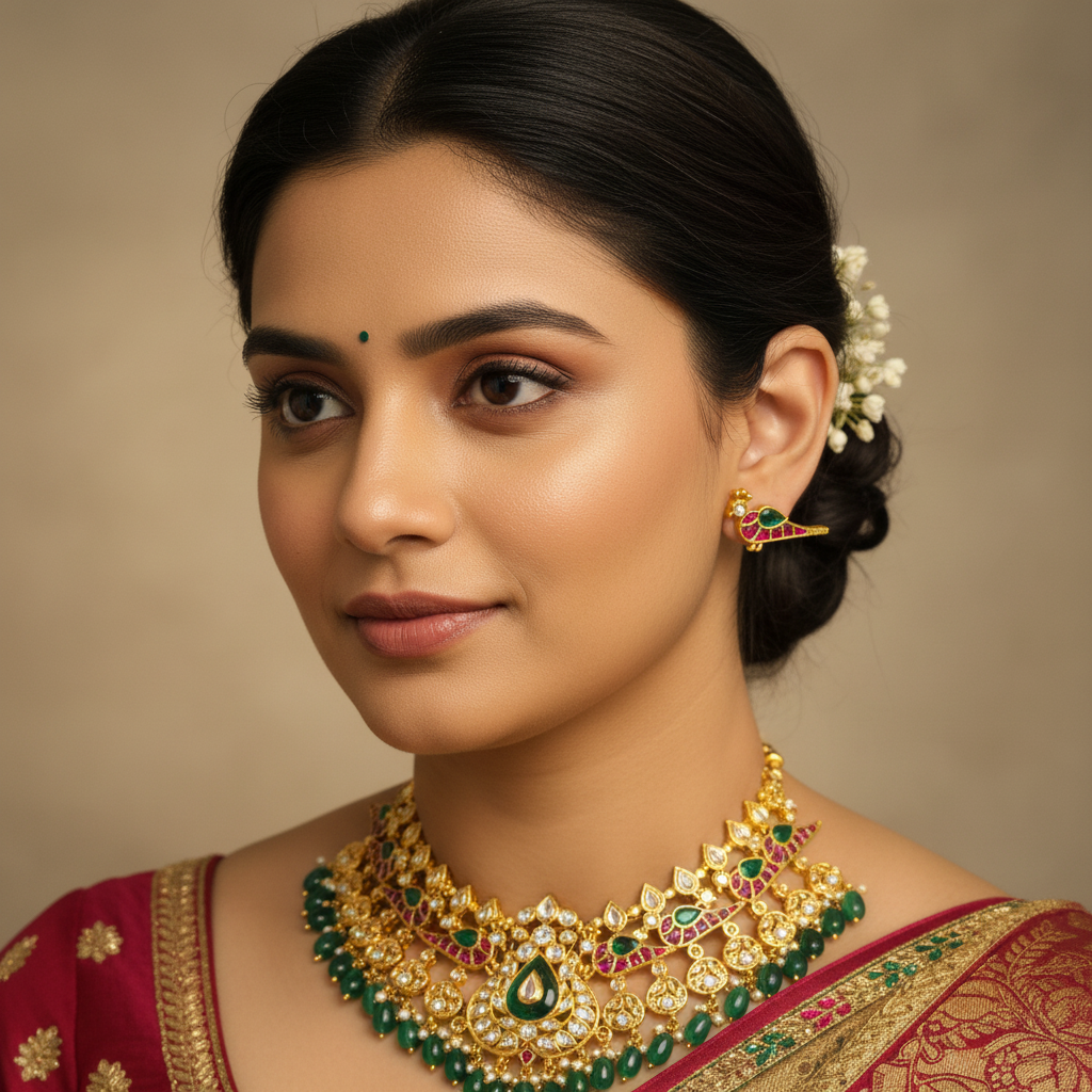 Model wearing Jadau Kundan Peacock Stud Earrings