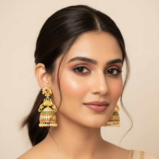 Model wearing jhumka earrings