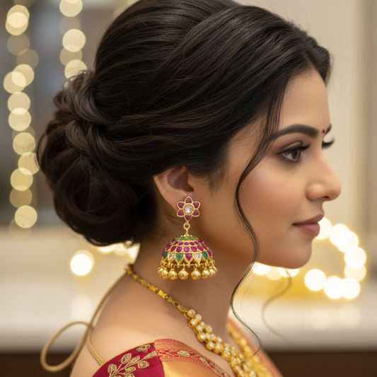 Model Wearing Kempu Polki Jhumka