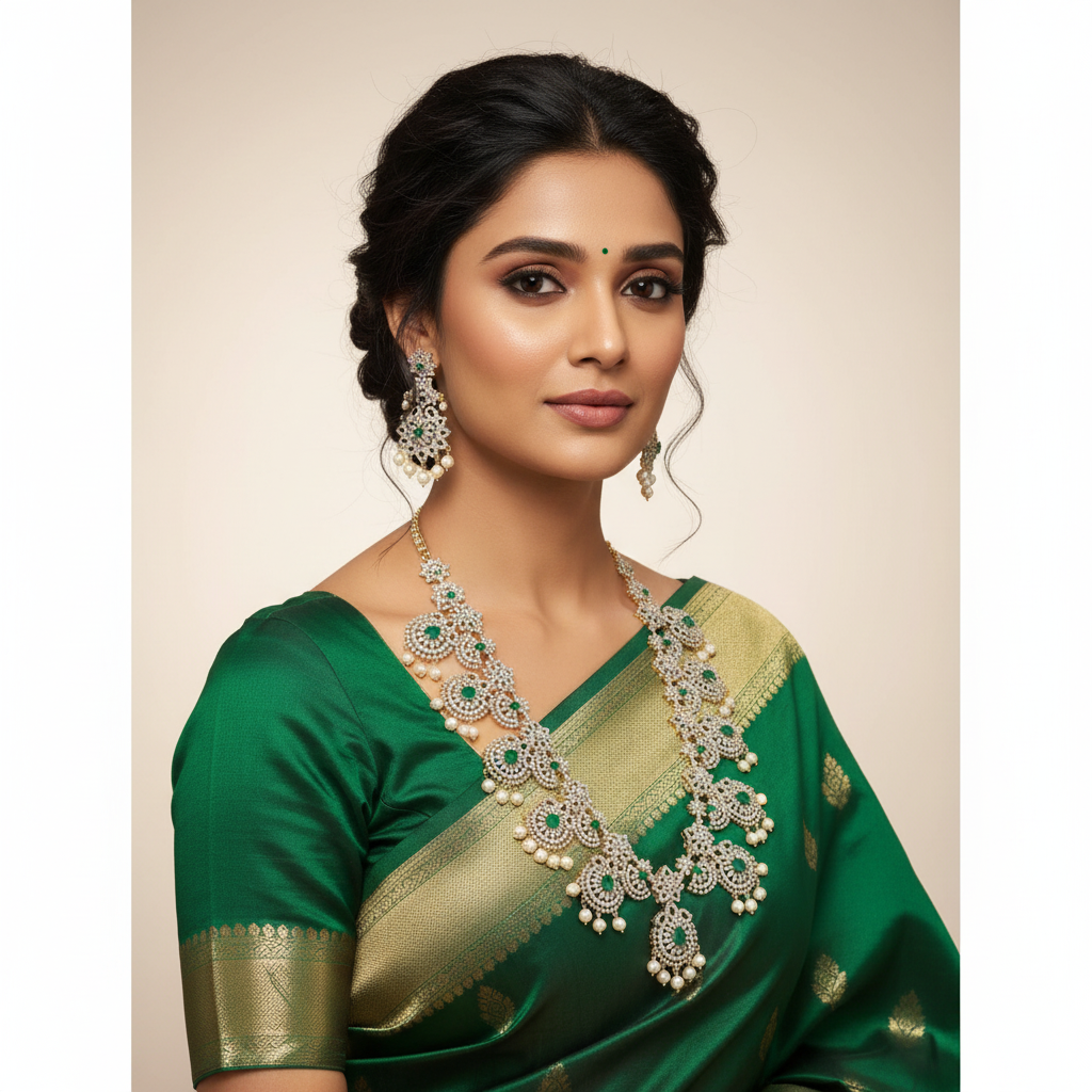 Model Wearing Long CZ Emerald Necklace Set