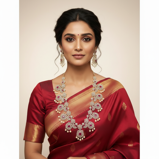 Model Wearing Long CZ Ruby Necklace Set