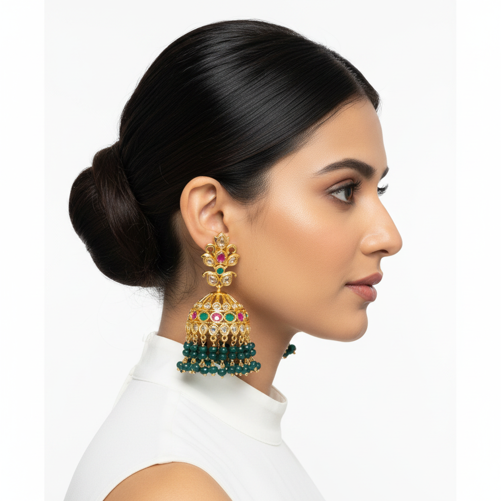 Model wearing Multi-colour Polki Jhumka